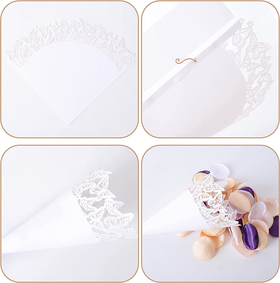 Poze Set de 50 conuri pentru nunta Wolfteeth, alb, hartie, model fluture, 14 x 14 cm