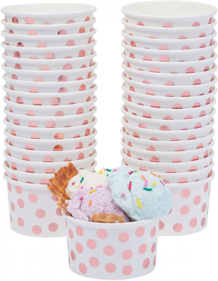 Set de 50 cupe pentru inghetata Blue Panda, hartie, alb/rose, 240 ml
