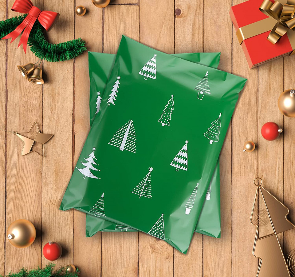Poze Set de 60 de pungi auto-adezive pentru transport de Craciun Homewit, plastic, verde/alb, 30 x 40 cm