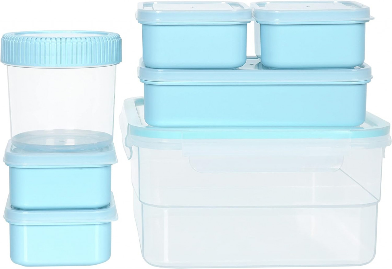 Set de 7 recipiente pentru alimente FNG8, plastic, transparent/albastru