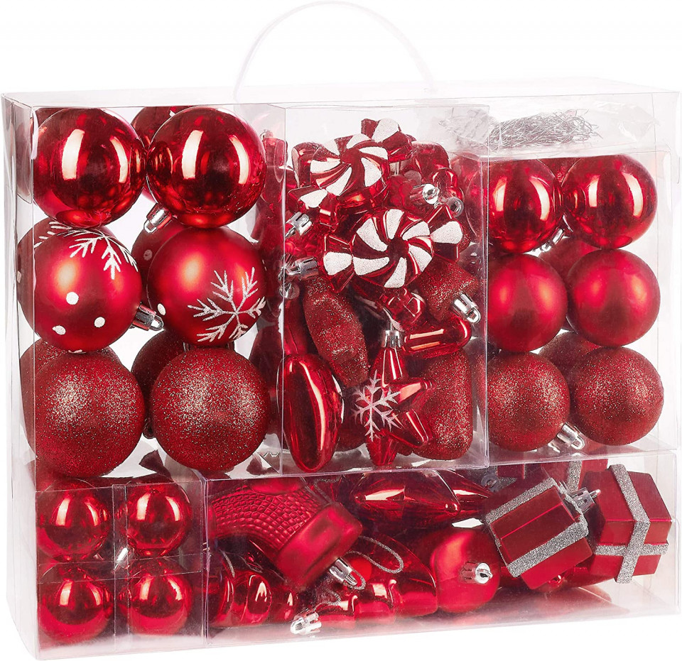 Poze Set de 77 globuri de Craciun Brubaker, rosu/argintiu, plastic, 4 - 10,5 cm