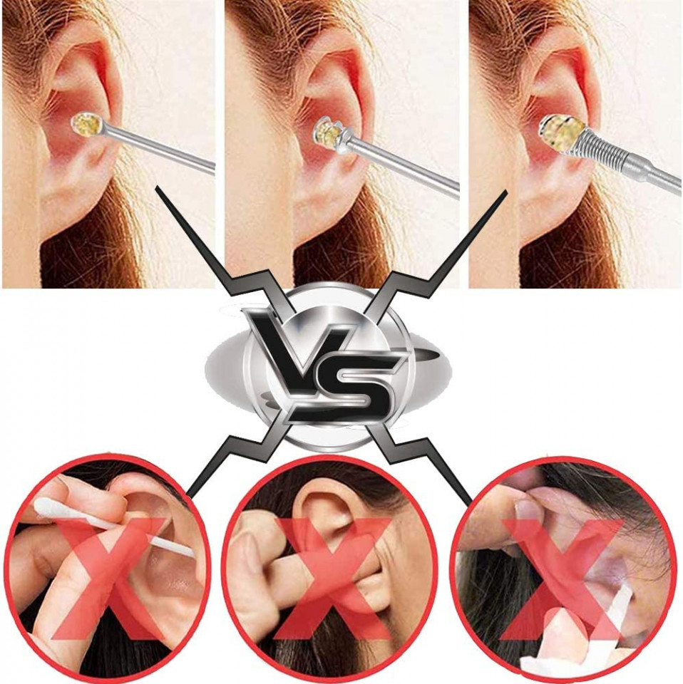 Set de 8 accesorii pentru curatarea urechilor CCLKHY, otel inoxidabil/plastic, argintiu/alb