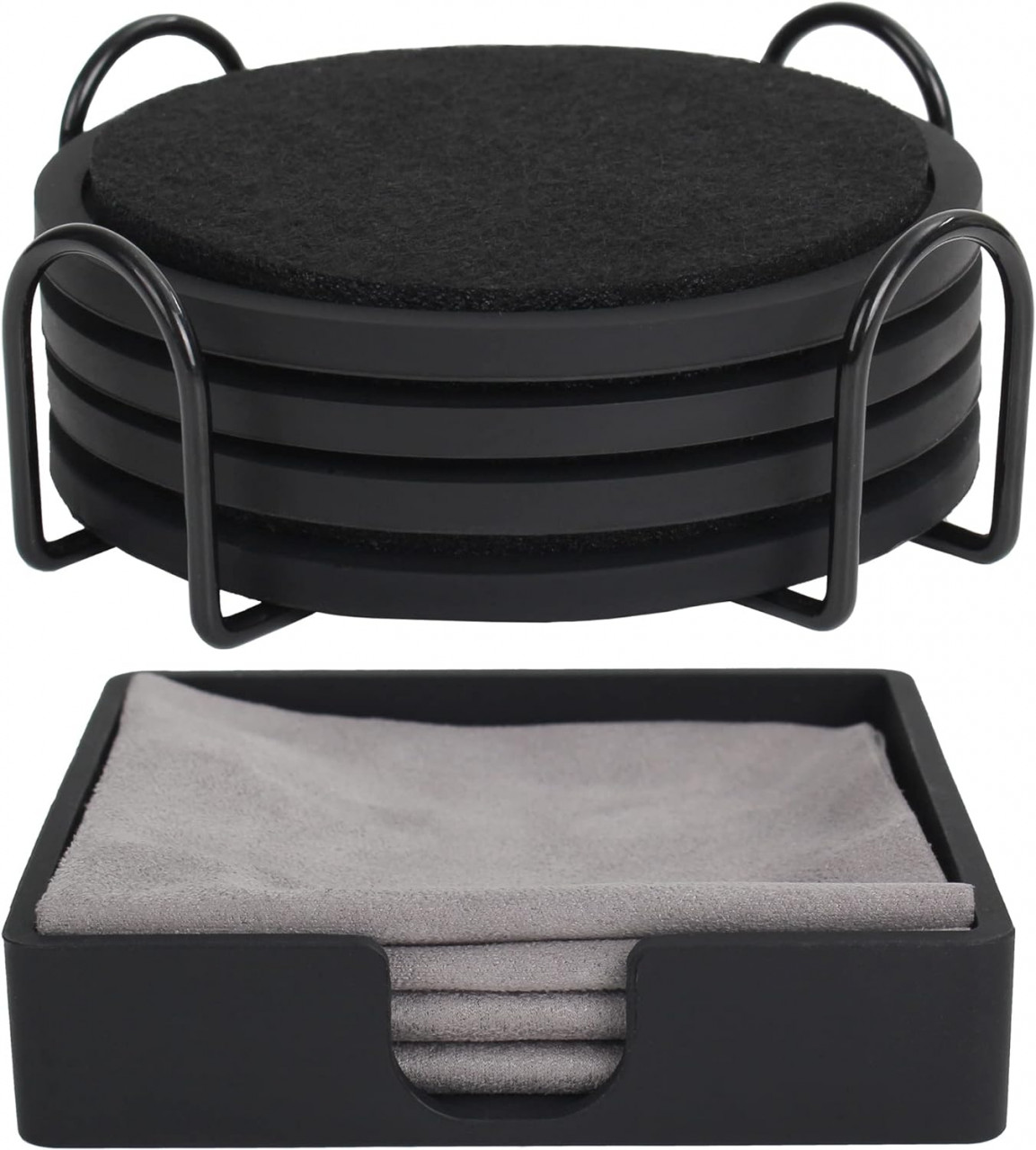 Set de 8 suporturi pentru pahare si 4 lavete SAICOOS, silicon/textil, gri, 10 cm