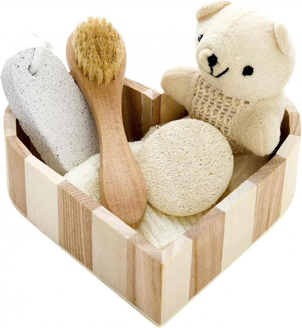Set de baie de 6 piese BambooClub, lemn/textil/piatra, bej/maro/gri