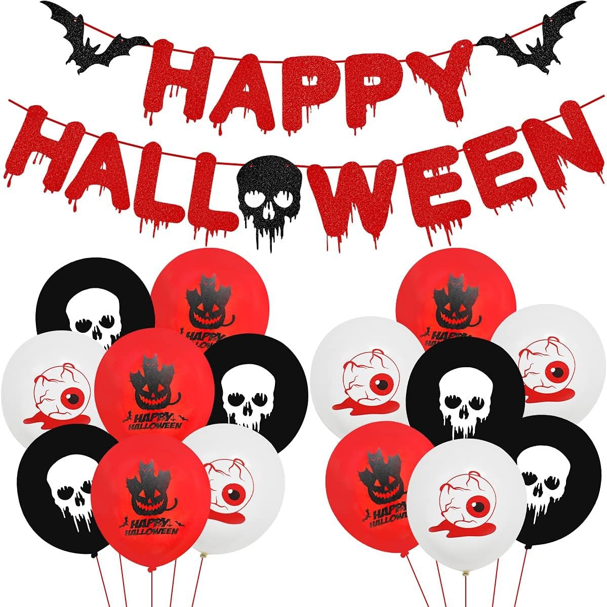 Poze Set de banner si 15 baloane pentru Halloween Tomicy, latex/hartie, rosu/negru/alb