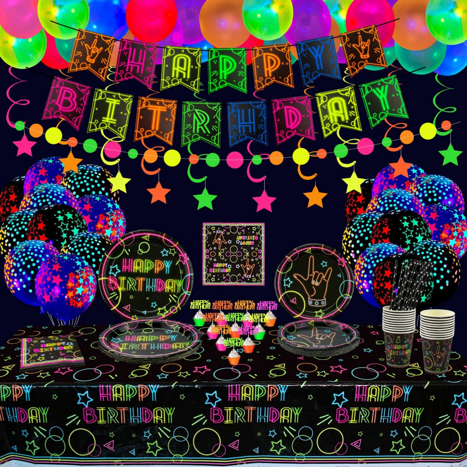 Set de petrecere cu 60 de accesorii fluorescente Osugin, latex, hartie, multicolor
