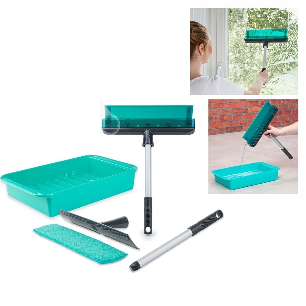 Set de stergator de geam cu racleta si tava Genius, turcoaz, 6 piese, Resigilat, Grad A
