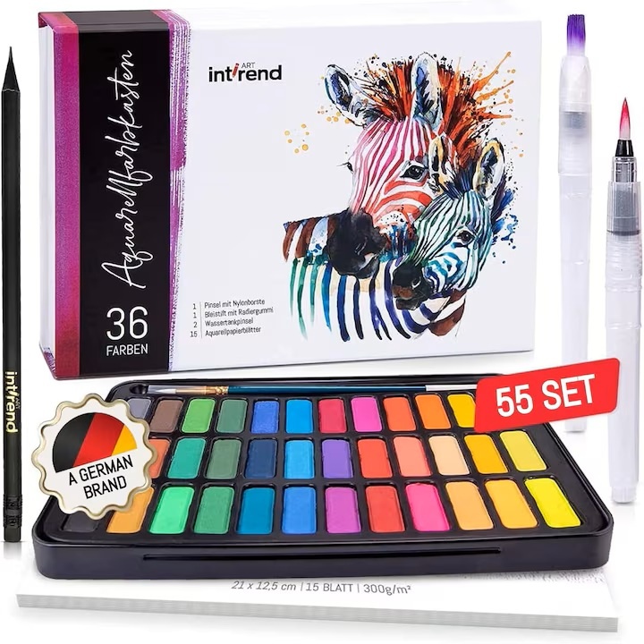 Set de vopsea tip acuarela Int!rend, 36 acuarele, o pensule 2 x pensule cu rezervor de apa, 15 x hartie pentru desen, resigilat