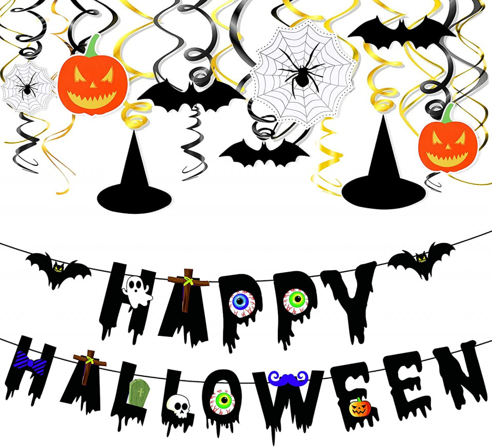 Poza Set decoratiuni pentru Halloween Qpout, hartie, multicolor, 31 piese
