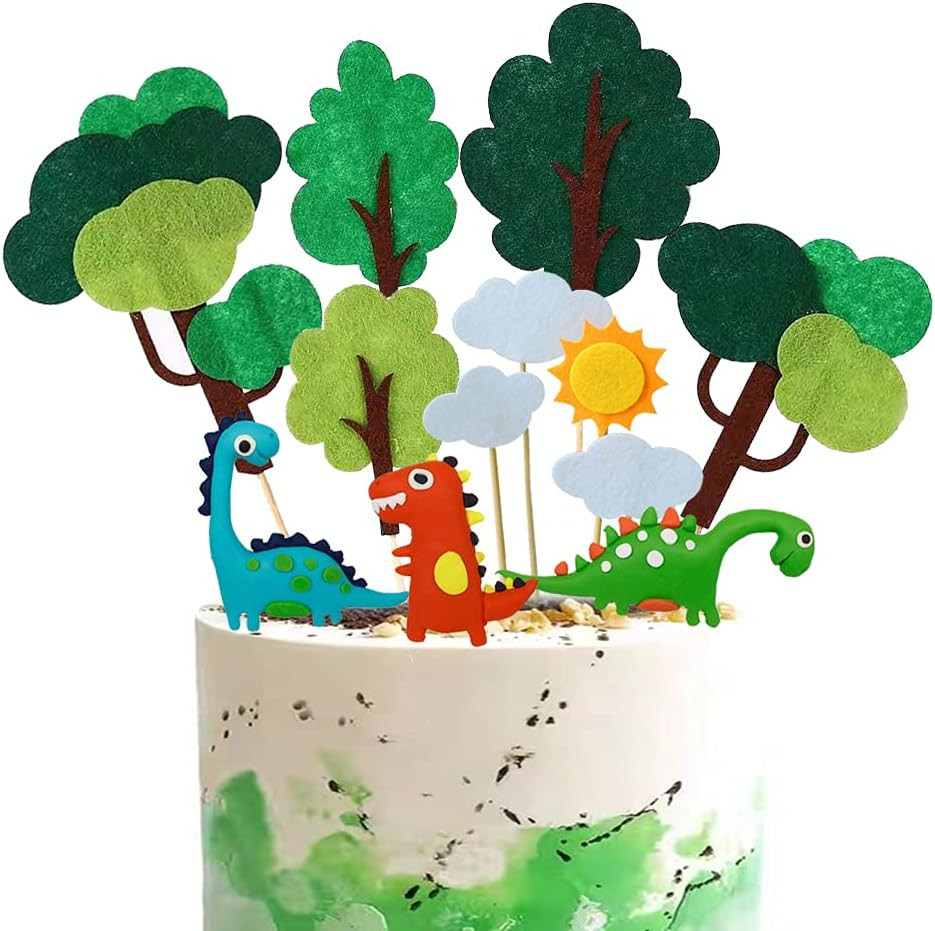 Set decoratiuni pentru tort Morofme, model dinozaur, argila/pasla, multicolor, 12 piese