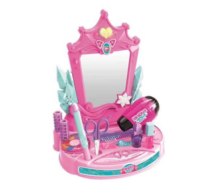 Set frumusete pentru fetite, masuta cu oglinda si accesorii coafat si machiat, feon cu baterii, oglinda cu lumini, mini trusa machiat, placa pentru
