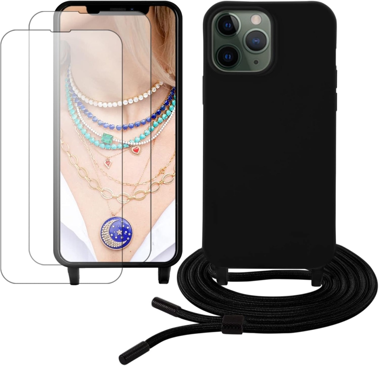 Set husa cu snur si 2 folii de protectie pentru iPhone 13 Pro Gumo-Long, poliester/TPU/sticla, negru/transparent, 6,1 inchi
