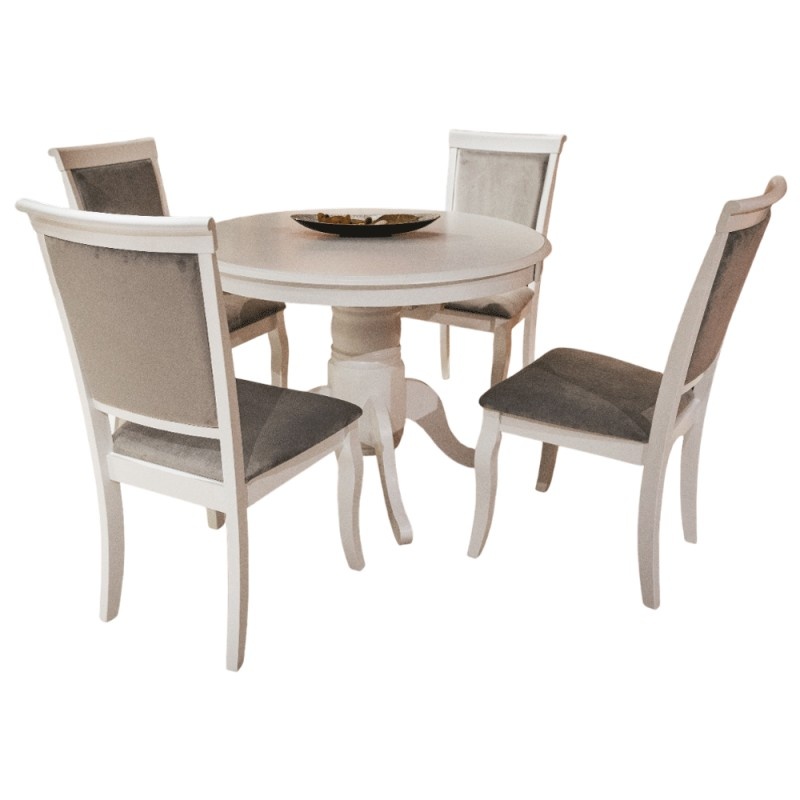 Set masa living extensibila AB Olivia, MDF, lemn masiv si 4 scaune AB Albert, tapiterie stofa, sarcina maxima 120 kg, alb/gri