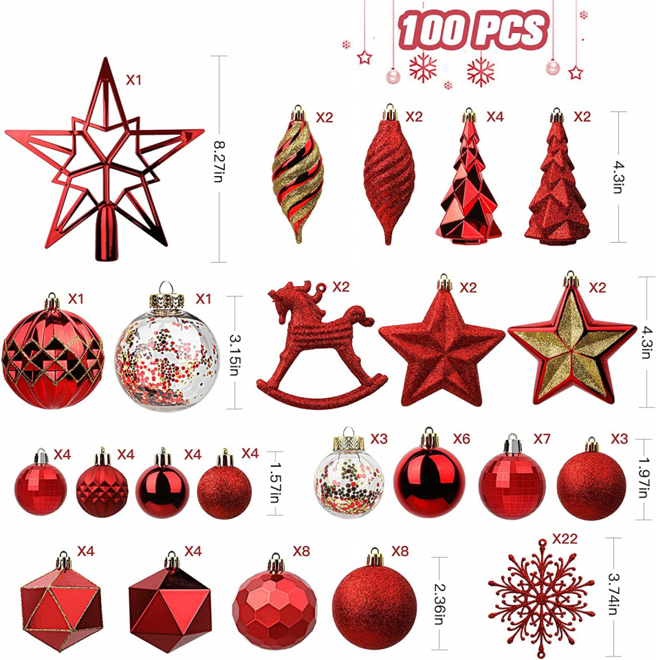 Poze Set mixt de ornamente pentru brad SHAreconn, plastic, rosu/auriu