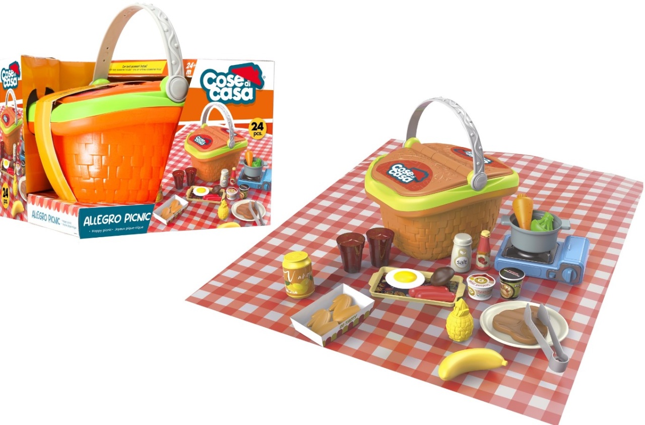 Set tematic de joaca pentru copii, Cos cu alimente pentru picnic, Globo, 24 piese incluse, mini aragaz si oala pentru mancare, fructe, legume,