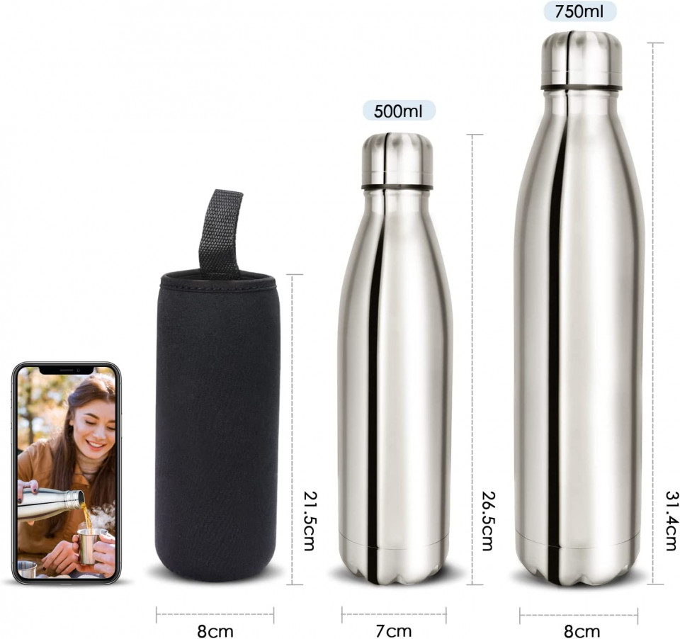 Poze Sticla termica pentru apa CMXING, otel inoxidabil, albastru deschis, 750 ml, 31,4 x 8 cm