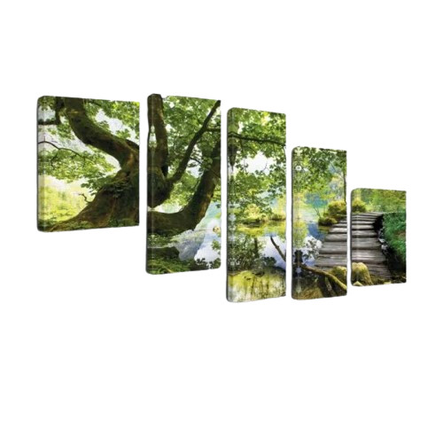 Tablou Brayden Studio, 5 piese, poliester/lemn, verde/maro/albastru, 170 x 100 cm