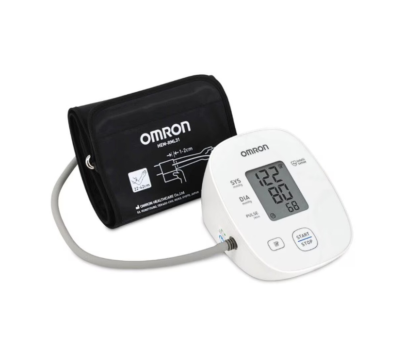 Tensiometru complet automat de brat Omron M300, Tehnologie IntelliSense, Afisaj LCD, Adaptor AC, Alb, Resigilat, Grad A