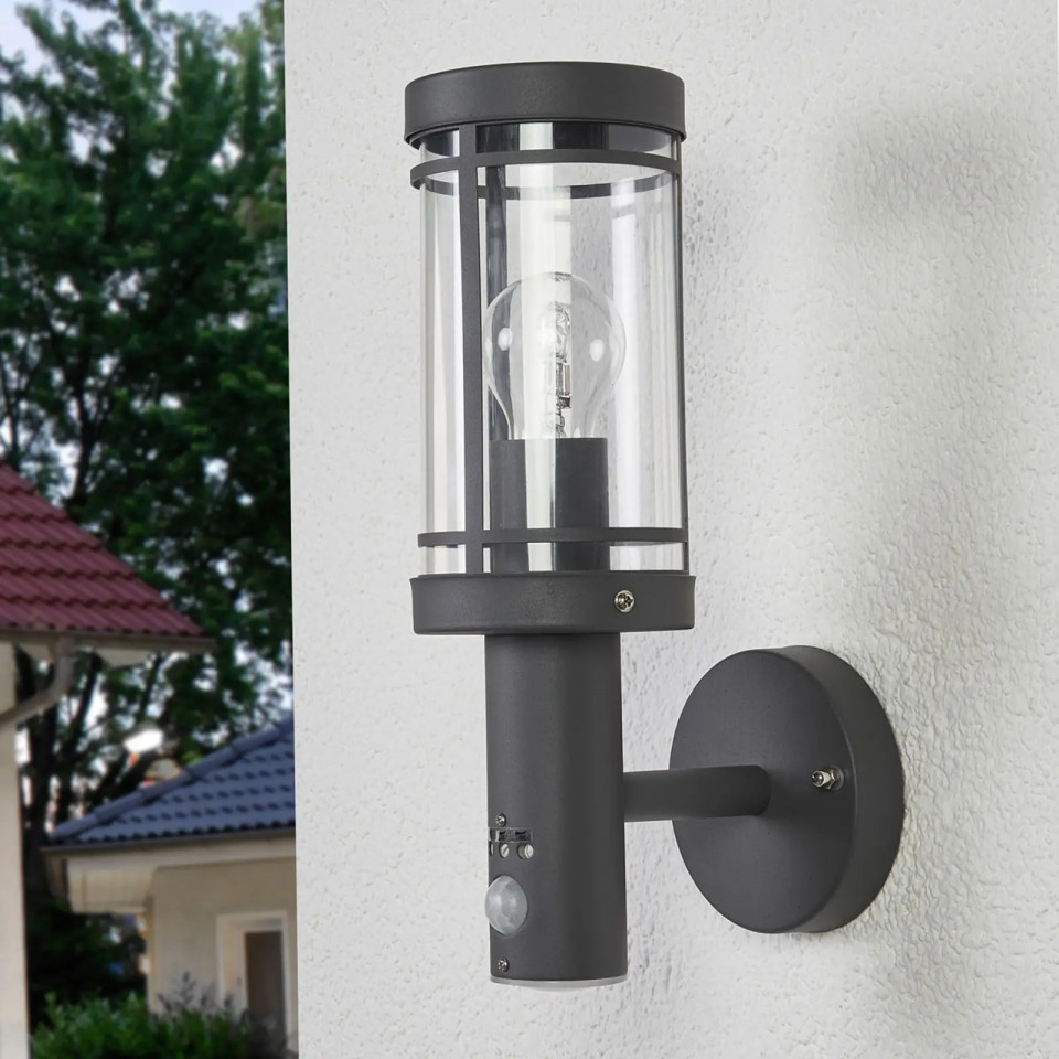 Poze Aplica de perete pentru exterior Djori, cu senzor de miscare, otel inoxidabil/policarbonat, gri inchis, 10,4 x 33,4 x 17,2 cm