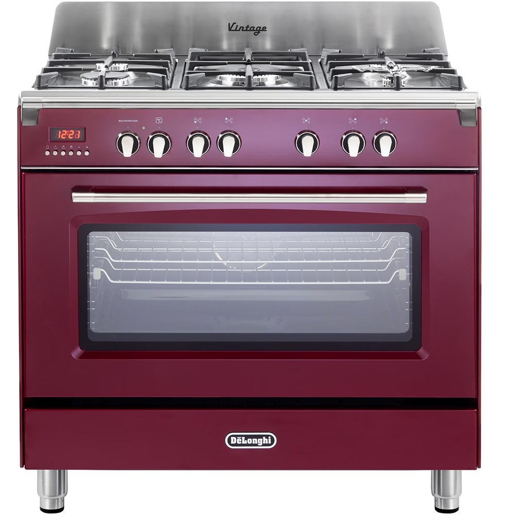 Aragaz profesional DELONGHI MEM 965 RX ED, 5 arzatoare, Gaz + Electric, L 90 cm, Grill, rosu bordeaux