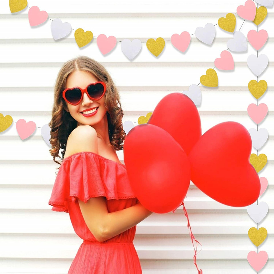 Poze Banner cu inimioare ZERHOK, alb/roz/auriu, hartie, 3 m