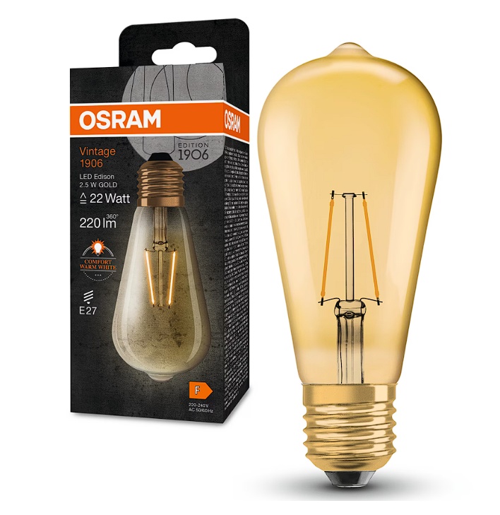 Bec LED Osram Vintage 1906 FIL GOLD A22, E27, 2.5W (22W), 220 lm, lumina calda (2400K), clasa energetica F, Resigilat, Grad A