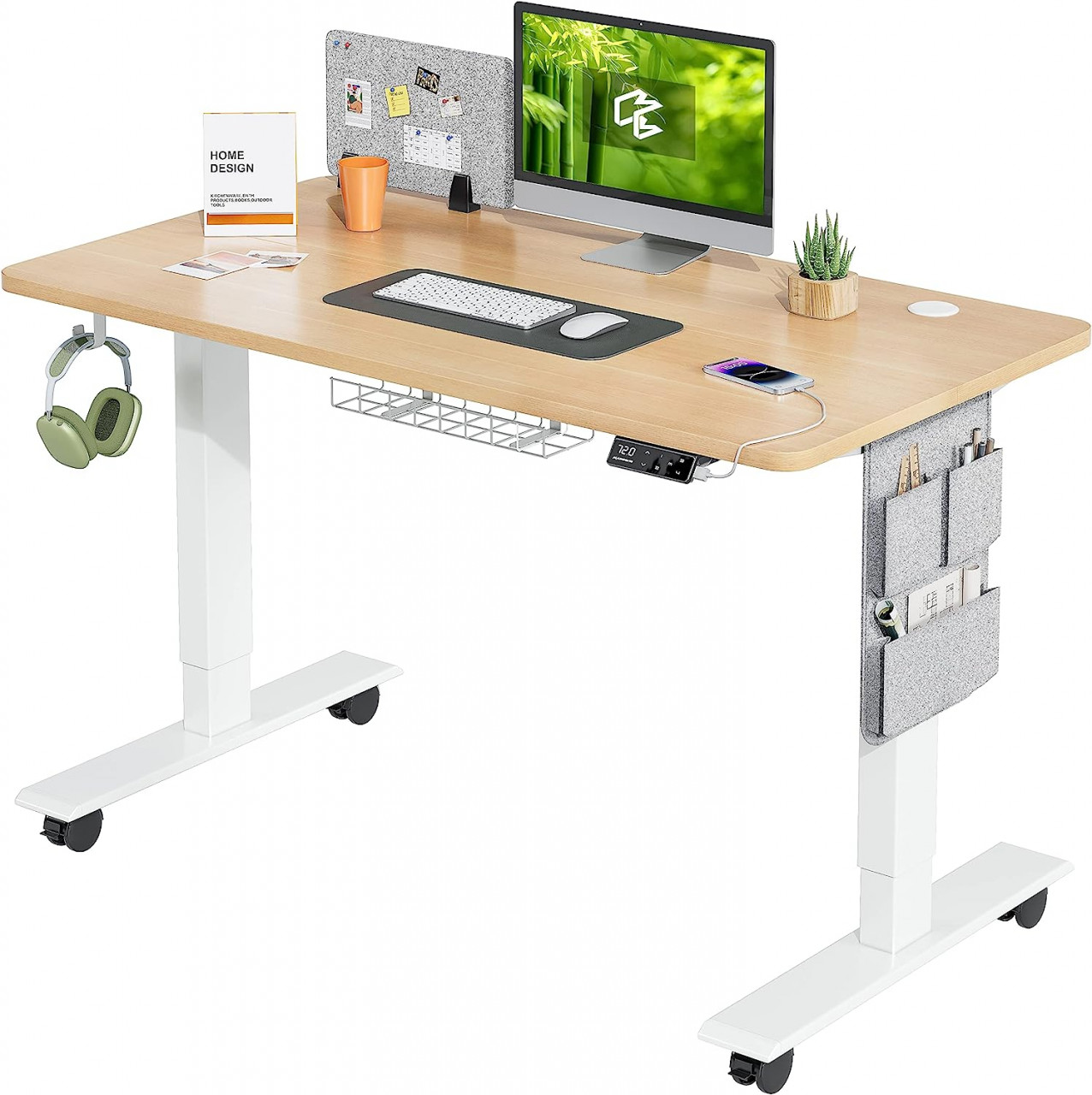 Birou electric reglabil pe inaltime cu 4 memorii si comenzi de retea cablu și roti SN360 1° MAIDeSITe, lemn/otel carbon, alb/natur, 60 x 72-120 cm 1°