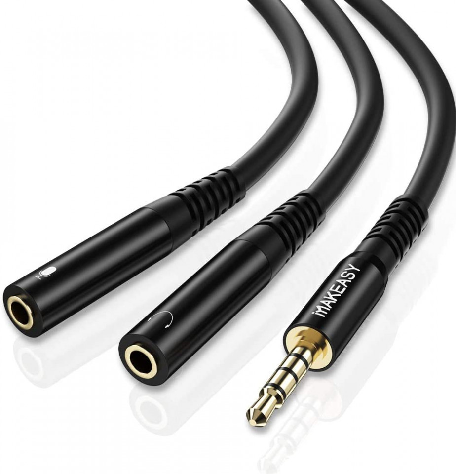 Cablu Audio Smartera Jack 3.5mm tata la 2x 3.5mm mama, aur 24K MAKEASY, negru, 30 cm