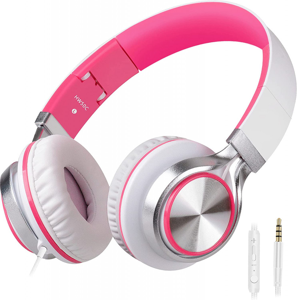 Casti audio pliabile Biensound, cu microfon, mufa Jack 3,5 mm, piele PU, alb/roz/argintiu 35 imagine noua