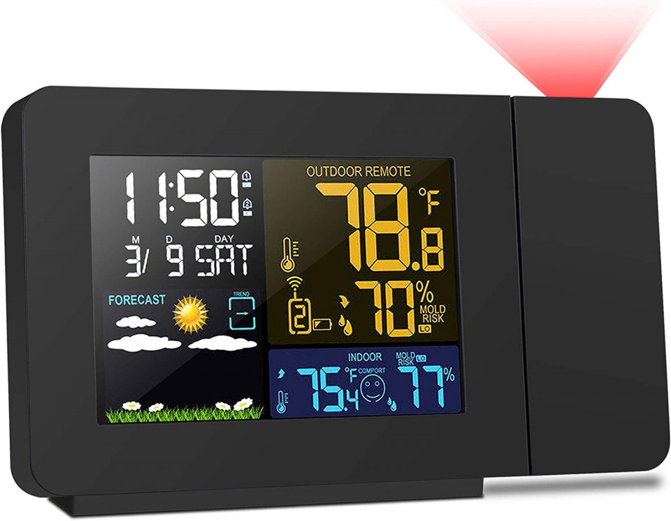 Ceas digital de masa cu proiectie, alarma, termometru si senzor exterior, umiditate Kalawen, plastic, negru, 16,7 x 10 cm