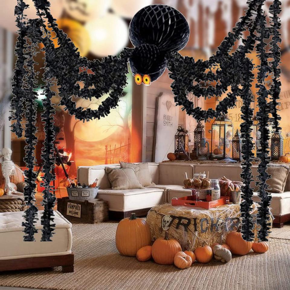 Decoratiune paianjen de Halloween Qpout, textil, negru, 1 x 30 cm/ 1 x 20 cm / 8 x 2 m accesorii imagine 2022