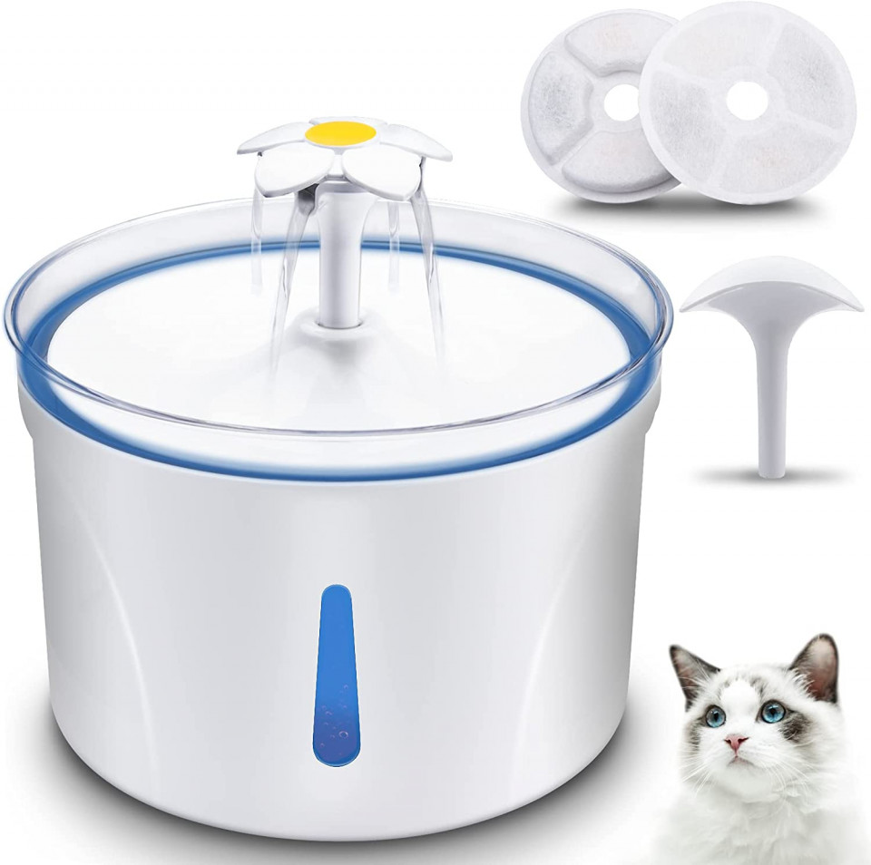 Fantana de baut apa pentru pisici cu 2 filtre de carbon activ si pompa de apa 5V BAUMWOLLE ,plastic, alb/albastru, LED, 14 x 19,4 cm