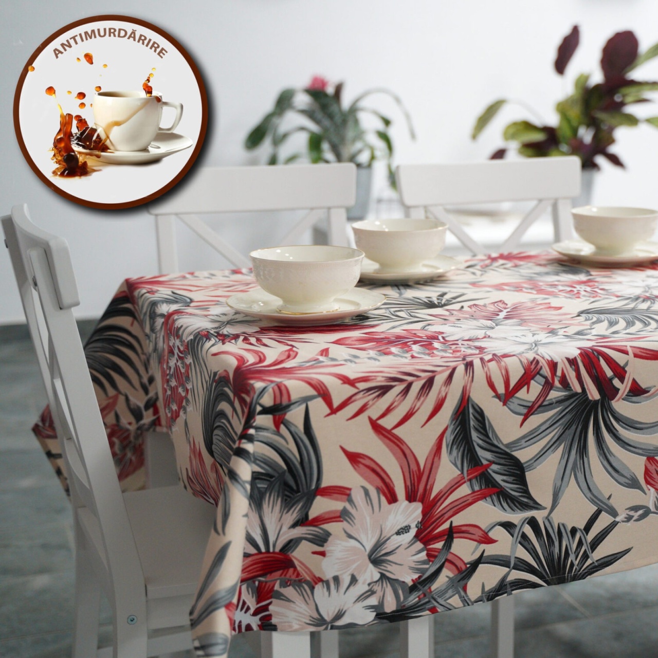 Fata de masa antimurdarie 100% Bumbac, 180x320 cm, Imprimeu Crini