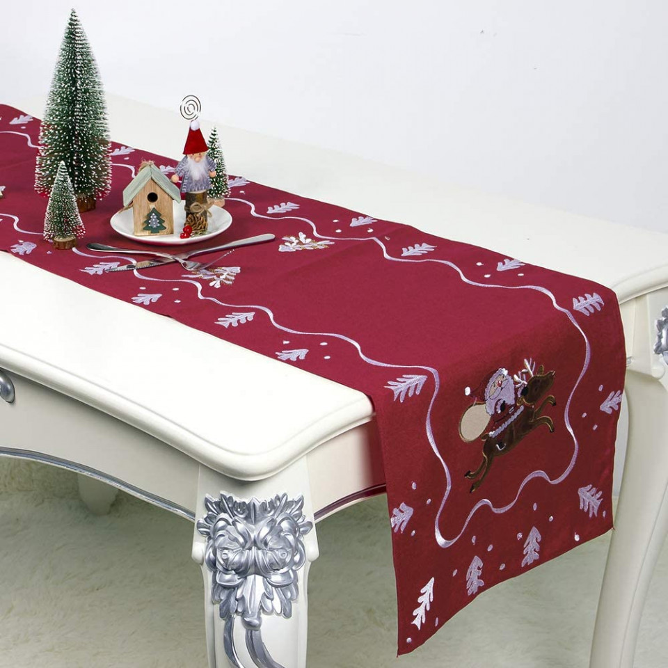Fata de masa de Craciun HALOVIE, bumbac/fibra de poliester, rosu/alb, 35 x 180 cm