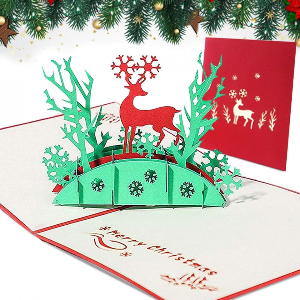 Felicitare 3D pentru Craciun, carton, alb/verde/rosu, 15 x 15 cm