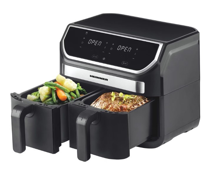 Friteuza dubla cu aer cald Heinner Double Master HAF-KDB1700BK, 8.5L, 1700W, doua cosuri detasabile antiaderente, tehnologie de circulare rapida a