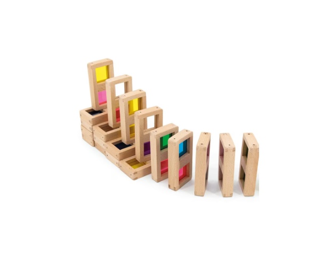 Joc educativ pentru copii si copii nevoi speciale tip Domino, Andreu Toys, piese din lemn cu efect translucid si transparent colorat, 7 culori, 28