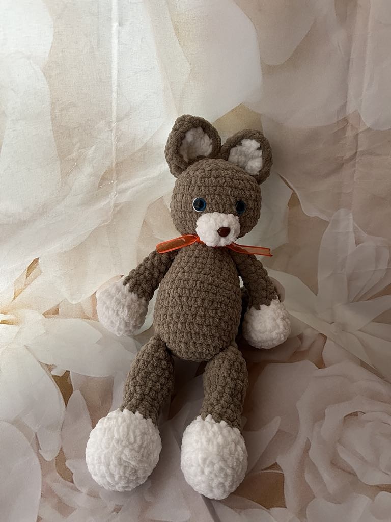 Jucarie de plus Ursuletul Teddy , lucrata manual, handmade, textil, maro/alb, 35 cm