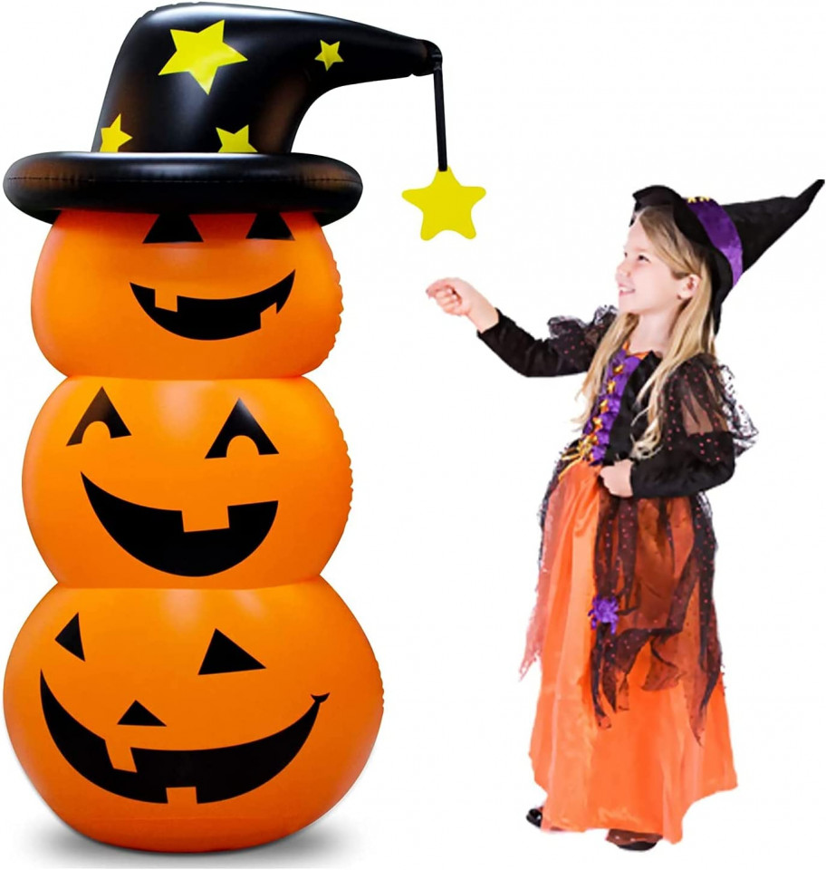 Jucarie gonflabila de Halloween LEOHOME, dovleac, PVC, portocaliu/negru, 140 x 60 cm 140