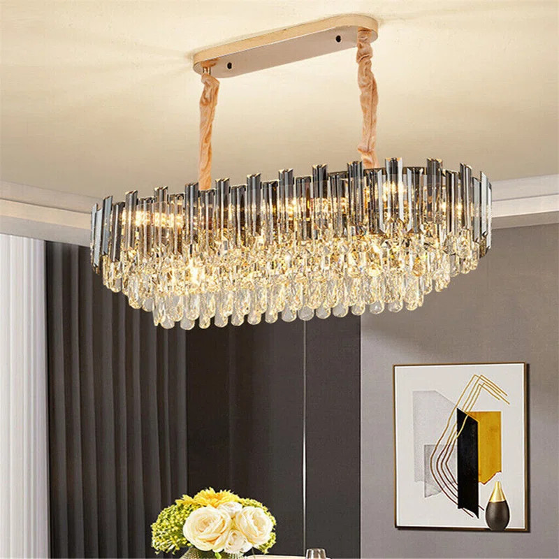 Lustra tip pendul Aakif, 12 lumini, LED, metal/cristal, gri/transparent/auriu, 100 x 30 x 50 cm