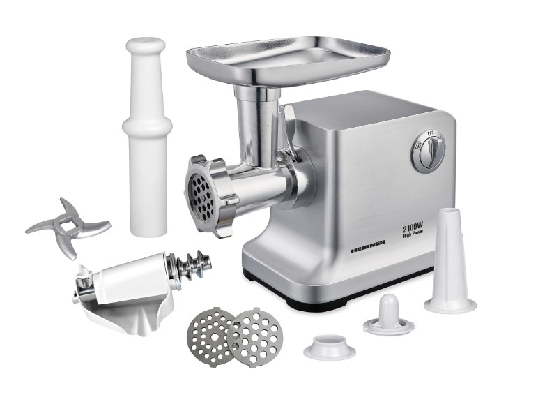 Masina de tocat Heinner MG-2100SS, RESIGILAT, 1 AN GARANTIE, 2100W, Accesoriu rosii, Accesoriu carnati, Cutit si site inox, Silver