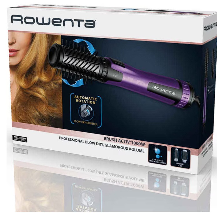 Perie rotativa cu aer cald Rowenta Brush Activ\' CF9525F0, 1000W, 2 perii rotative, 2 trepte de temperatura si viteza, functie jet de aer rece,