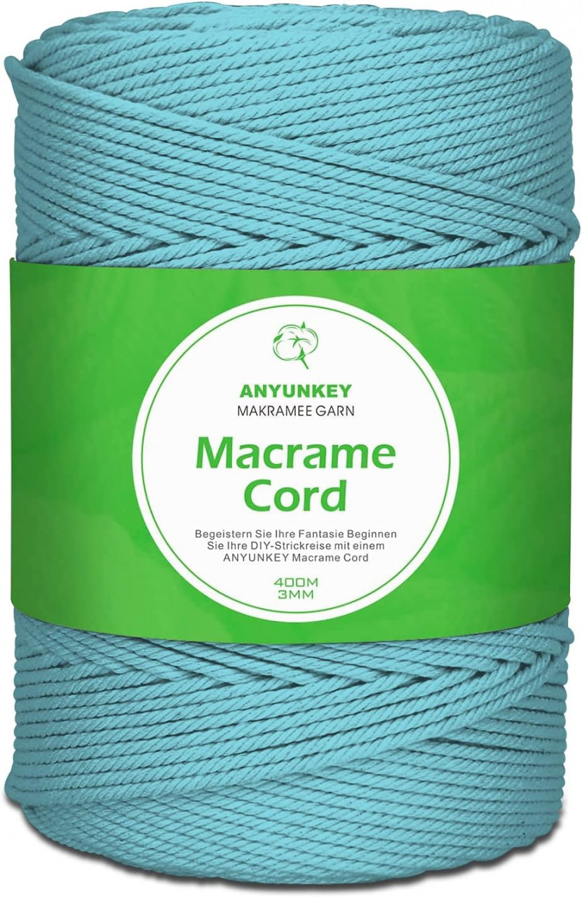 Rola de macrame pentru mestesuguri ANYUNKEY, bumbac, albastru deschis, 400m x 3 mm