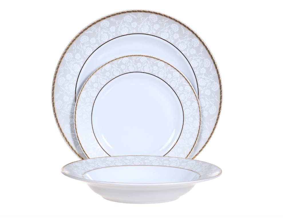 Set 18 piese Dinova Adolf portelan cu margini aurii, 6 farfurii intinse, 6 farfurii adanci, 6 farfurii desert, Resigilat, Grad B