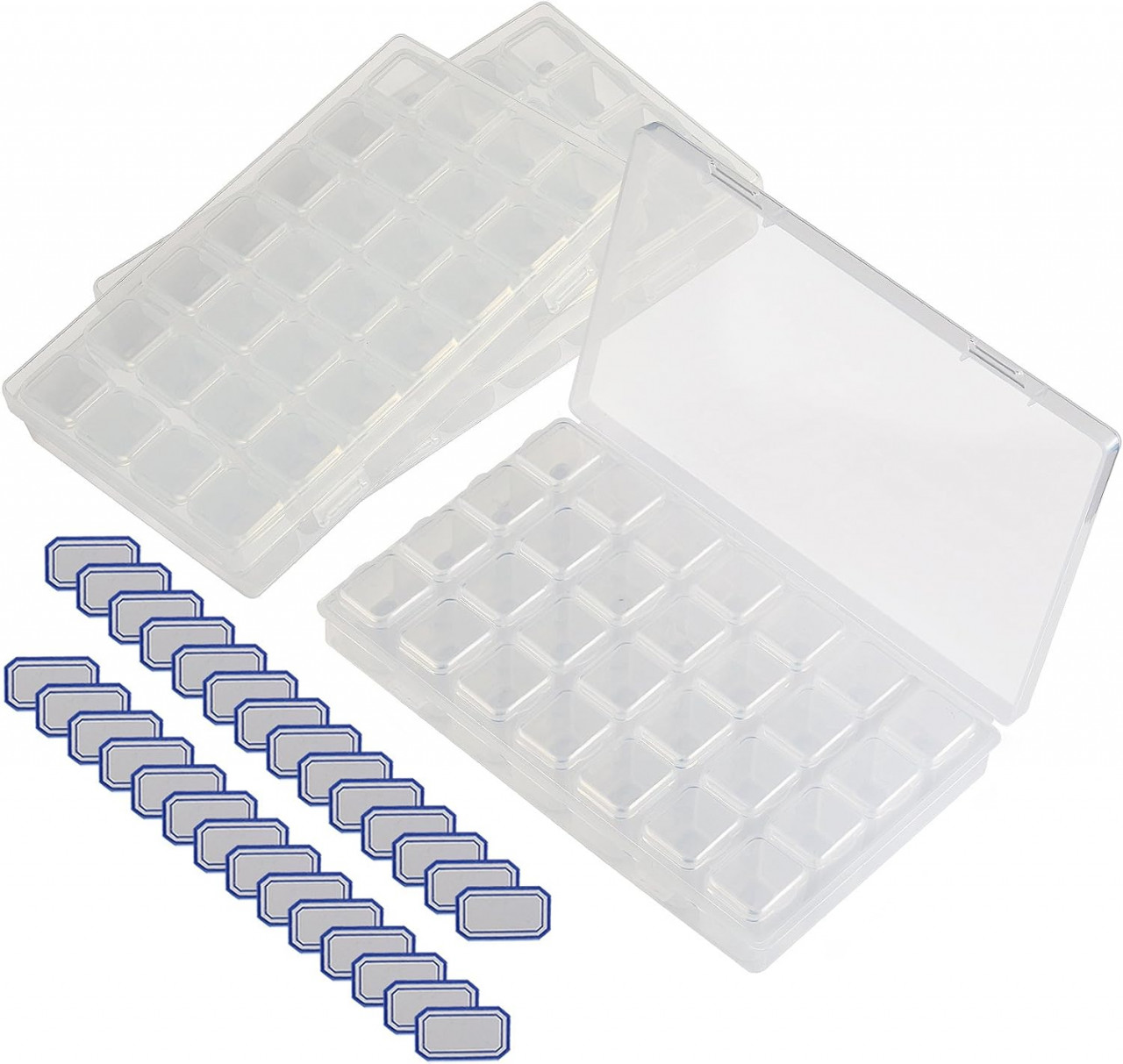 Set 3 cutii cu 28 grile pentru depozitare si 75 etichete Kakoo, plastic, transparent, 17,5 x 11,2 cm