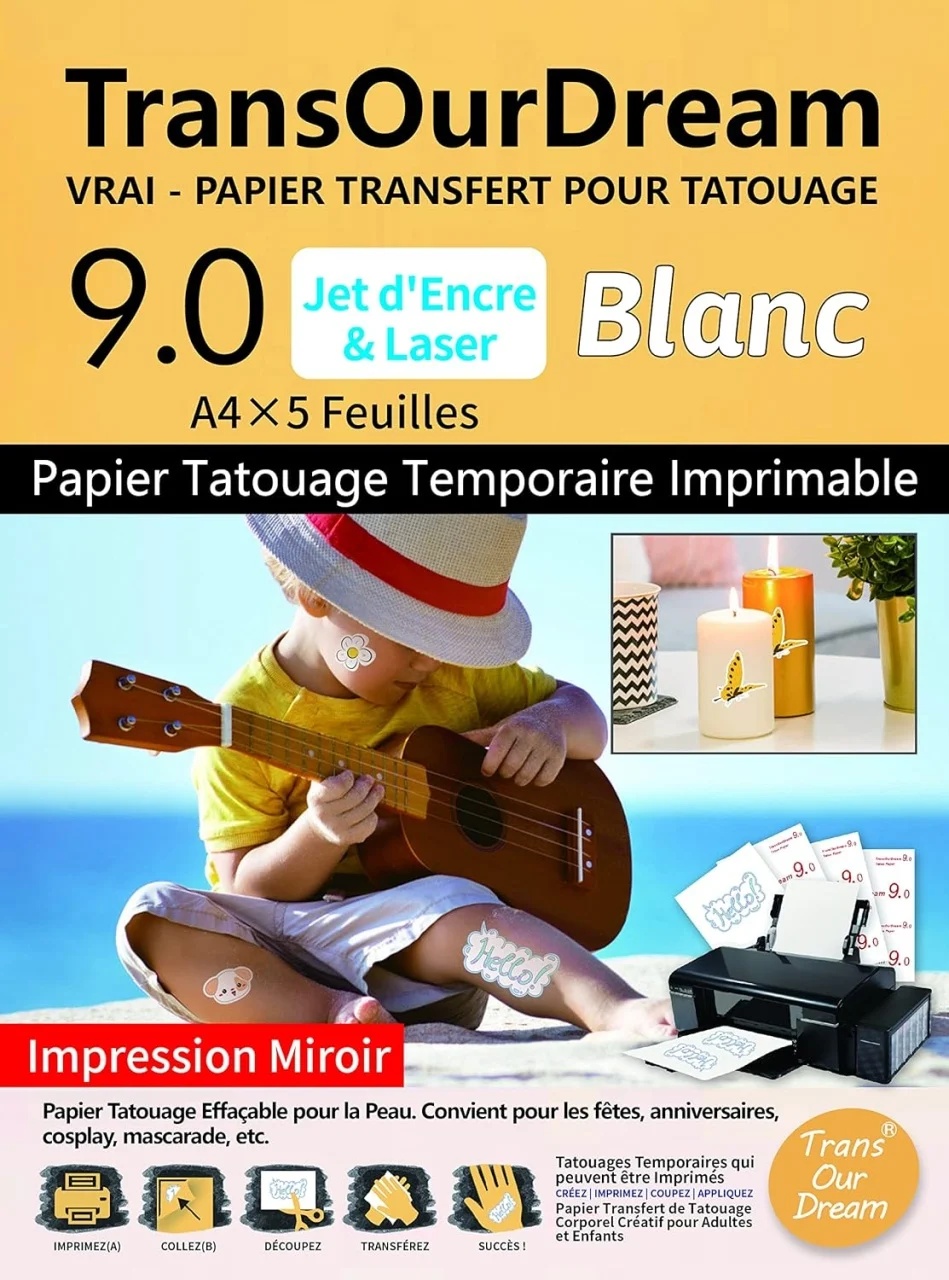 Set 5 coli de transfer pentru tatuaje TransOurDream, alb, A4