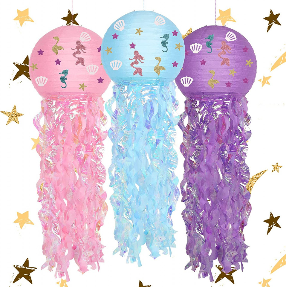 Set aniversar cu 3 felinare si 42 autocolante sirena Zootop, hartie, multicolor, 89 x 30 cm