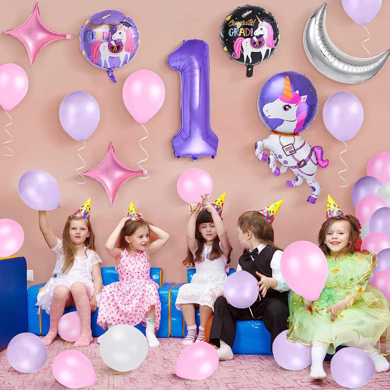Poze Set aniversar pentru un an Colmanda, latex/folie, model unicorn, roz/mov/argintiu, 32 piese