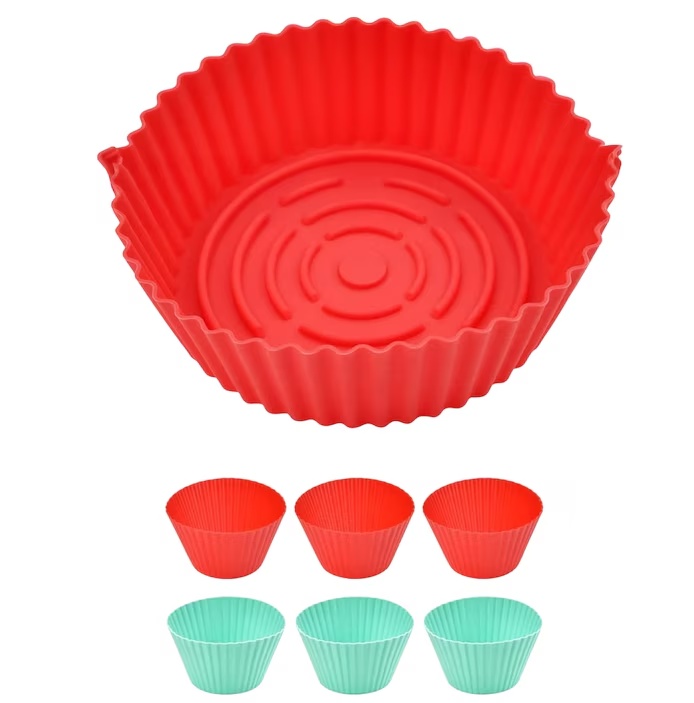 Set cos pentru friteuza cu aer si 6 forme pentru briose Vibbang, silicon, rosu/albastru deschis