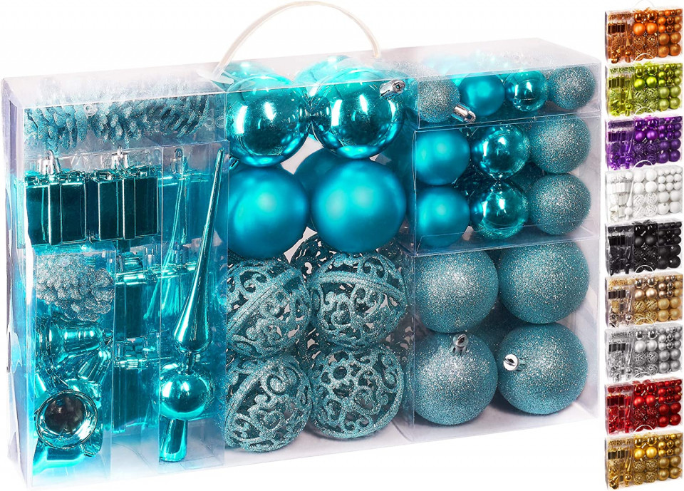 Set de 101 globuri pentru Craciun Brubaker, albastru, plastic, 3,5 – 5,5 cm